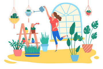 Wall Mural - Cartoon Color Character Person Woman at Home with Green Plant Concept. Vector