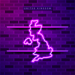 United Kingdom map glowing neon lamp sign. Realistic vector illustration. Country name plate. Purple brick wall, violet glow, metal holders.