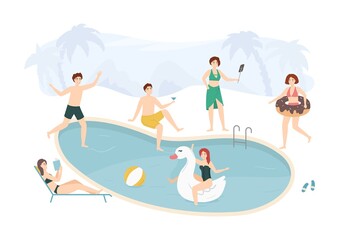 Wall Mural - Cartoon Color Characters People and Pool Party Concept. Vector