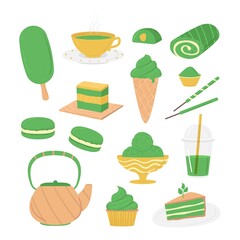 Wall Mural - Cartoon Matcha Green Tea Dessert Icons Set. Vector