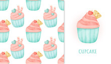  Seamless Pattern Sweet Cupcake And Greeting Card In Water Color Iillustration.