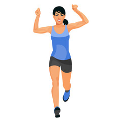 Wall Mural - Figure of a running asian woman in summer sportswear with her hands raised in victory at the finish line