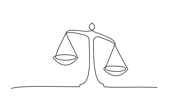 Judicial scales on white background. Continuous one line drawing. V