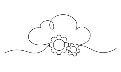 Cloud technology sign. Clods with gears. Continuous one line drawing.