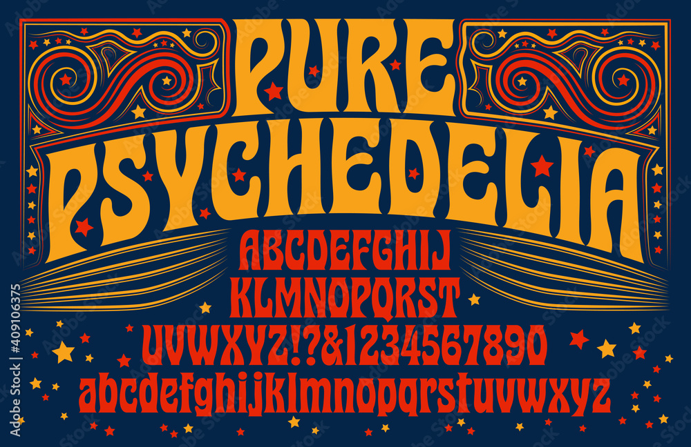 A 1960s style psychedelic alphabet with swirly line art designs - obrazy, fototapety, plakaty 