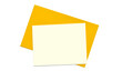 Blank card on yellow envelope. Minimalist composition on white background. Top view, empty space for text.