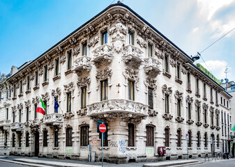 liberty-style building in corso monforte 32, built at the early 20th century, in milan, lombardy, no