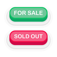 Poster - For Sale or Sold Out green or red 3D button in flat style isolated on white background. Vector illustration.