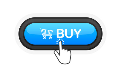 Aufkleber - Buy blue realistic 3D button isolated on white background. Hand clicked. Vector illustration.