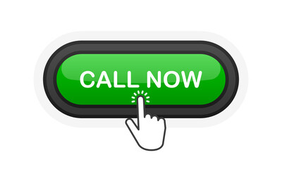 Poster - Call Now green realistic 3D button isolated on white background. Hand clicked. Vector illustration.