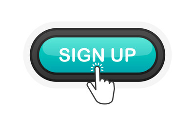 Poster - Sign UP green realistic 3D button isolated on white background. Hand clicked. Vector illustration.
