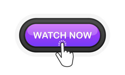 Poster - Watch Now purple realistic 3D button isolated on white background. Hand clicked. Vector illustration.