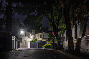 Wall Mural - Empty back street with street lights and shadows