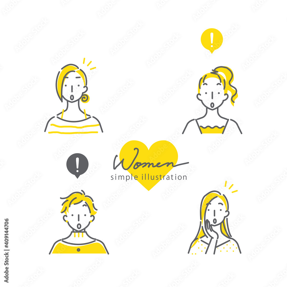 シンプルでおしゃれな線画の女性4人のイラスト素材セット びっくりする 2色 黄色 グレー Fototapety
