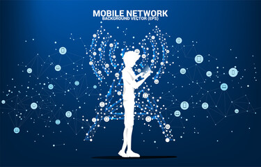 Poster - Silhouette of man use mobile phone Antenna Tower icon polygon style from dot and line connection. Concept of telecommunication mobile and data technology