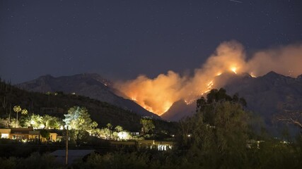 Wall Mural - Timelapse of Wildfire and Smoke at Night Above Houses in Residential Area. Bush Fire Flames in Mountains, Static Wide View