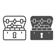 Poster - Pirate chest full of gold line and solid icon, fairytale concept, treasure sign on white background, Box with gold bars icon in outline style for mobile concept and web design. Vector graphics.
