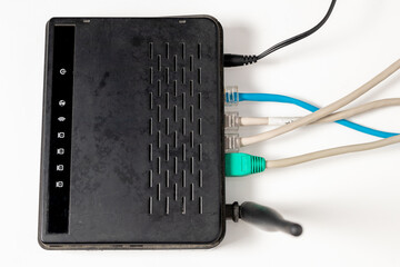 Network cable connects to wireless router, router, internet, global network.