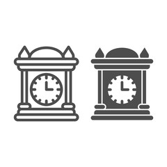 Poster - Antique clock line and solid icon, fairytale concept, vintage desk carriage clock sign on white background, Old wooden watch icon in outline style for mobile concept and web design. Vector graphics.