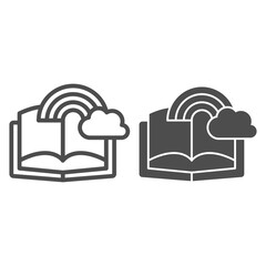 Poster - Book with rainbow and cloud line and solid icon, fairytale concept, book with fairy tale sign on white background, open fairy tales book icon in outline style for mobile, web design. Vector graphics.