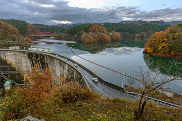 Wall Mural - Panorama view at Shorenji Dam and Lake Shorenji in Mie Prefecture, Japan, in the early morning of autumn, view from above.