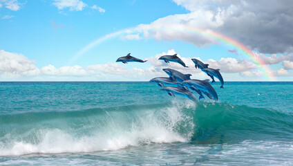 Wall Mural - Group of dolphins jumping on the water Rainbow in the background - Beautiful seascape and blue sky
