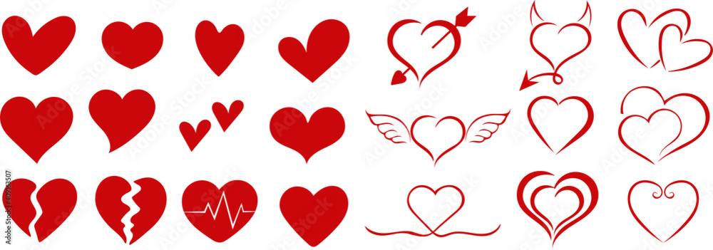 A set of hearts for Valentine's day. Holiday of all lovers. Valentine's Day 2021. February 14. Red icons. Flat design. Heart and love - obrazy, fototapety, plakaty 