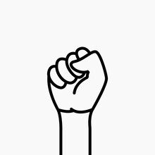 Raised Arm Fist Black Icon Vector For Protest, Freedom And Revolution. Concept Of Woman Rights. Black Arm Linear Symbol On White Background Clenched Into Fist For Demonstration And Logo
