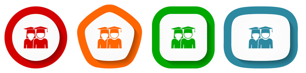 Poster - Education, educate, graduate, female and male students vector icon set, flat design buttons on white background for webdesign and mobile applications