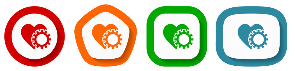 Aufkleber - Heart and cogwheel vector icon set, flat design buttons on white background for webdesign and mobile applications