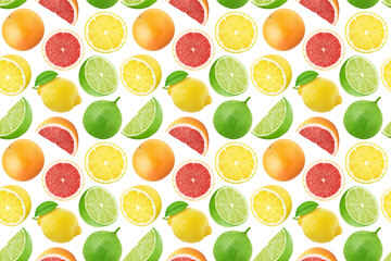 Wall Mural - Fruit endless pattern made with citrus fruits isolated on white background.