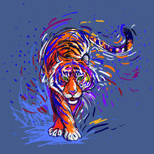 Tiger In Motion, Drawing In Different Colors And Strokes. Artistic Style