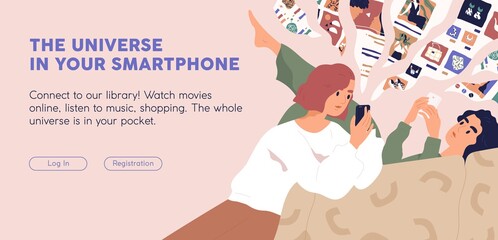 People with phones using mobile app for online shopping and entertainment. Ad template offering digital application. Design of web banner with place for text. Colored flat vector illustration