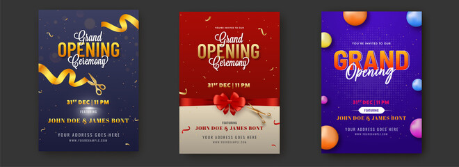 grand opening ceremony invitation or flyer design with event details in three color options.