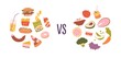 © Good Studio - Healthy vs unhealthy food. Concept of choice between good and bad nutrition. Fastfood, sweet and fat eating versus balanced product set. Colored flat vector illustration isolated on white background