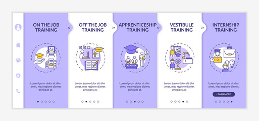 Wall Mural - Employee developing methods onboarding vector template. On-the-job, off-the-job training. Internship. Responsive mobile website with icons. Webpage walkthrough step screens. RGB color concept