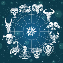 Bone Horoscope. Zodiac Signs. Astrological Circle. Background - The Star Sky. Vector Illustration.