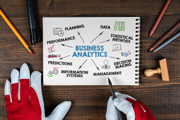Canvas Print - Business Analytics. Planning, Statistical methods,  management and information systems concept. Chart with keywords and icons