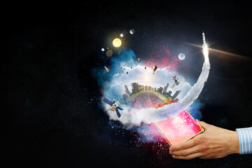 Wall Mural - Planet Earth and space ship in the outer space. Elements of this image furnished by NASA