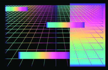 Fototapete - Retrowave and synthwave style background with neon laser grid extending to the horizon.