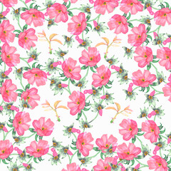  Watercolor hand painted nature floral romantic seamless pattern with roses and twigs isolated on white background, trendy print and wallpaper design elements