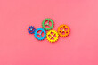 Working gears connect into puzzle, top view. Teamwork and collaboration concept