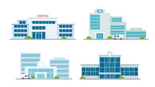 Hospital Building Medical Office Vector Illustration Set. Cartoon Modern Medicine Clinic Skyscrapers Collection, Outdoor Facade Hospital Exterior With Ambulance Car And Big Windows Isolated On White.