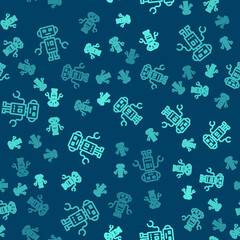 Wall Mural - Green line Robot toy icon isolated seamless pattern on blue background. Vector.