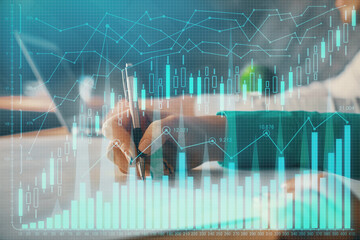 Double exposure of forex chart drawing over people taking notes background. Concept of financial analysis