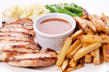 Bbq Chicken Breast With Fries, Jus And Vegetables