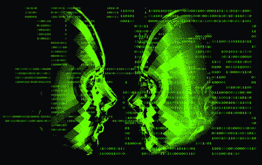 Aufkleber - Low poly 3D head and binary code on dark background, human face structure made of pixels. Biometrics, Facial Recognition and Cyber Security concept.