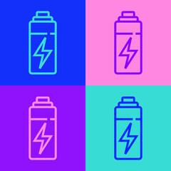 Poster - Pop art line Battery icon isolated on color background. Lightning bolt symbol. Vector.