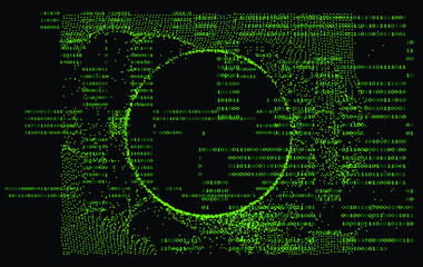 Aufkleber - Abstract technology background with binary code and mesh made of particles. Glitched computer screen with scientific drawings. 