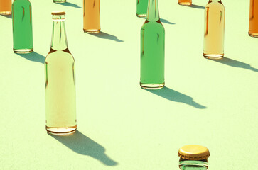 Leinwandbilder - 3d mockups of glass beer bottles with caps and without labels. Shadows on light green surface.